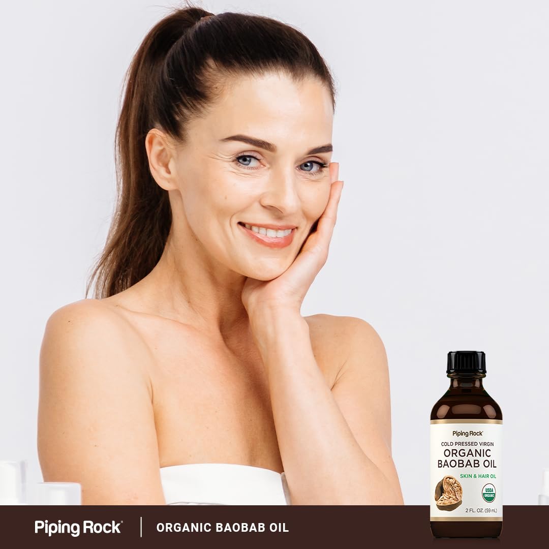 Piping Rock Baobab Oil Organic | 2 fl oz | For Hair, Skin, and Face | Cold Pressed Virgin