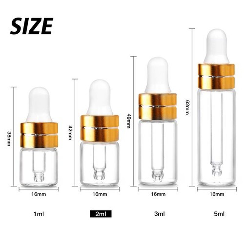 Comrzor 50 Pack 2ml Clear Glass Dropper Bottles with 2 Pcs Plastic Droppers, Mini Sample Dropper Bottles for Essential Oils Perfume Cosmetic Liquid, Empty Travel Sample Vials with Gold Cap