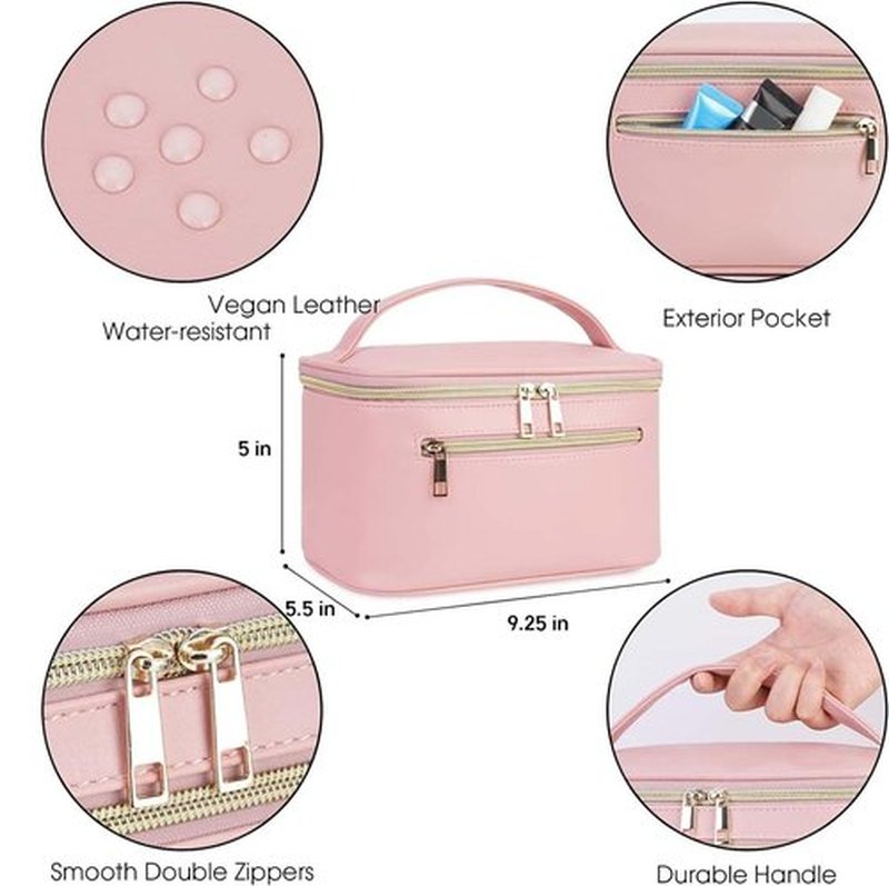 Wandering Nature Makeup Bag, Travel Make Up Organizer Cosmetic Brush Bags Case for Women in Vegan Leather, Pink(Patent Pending)