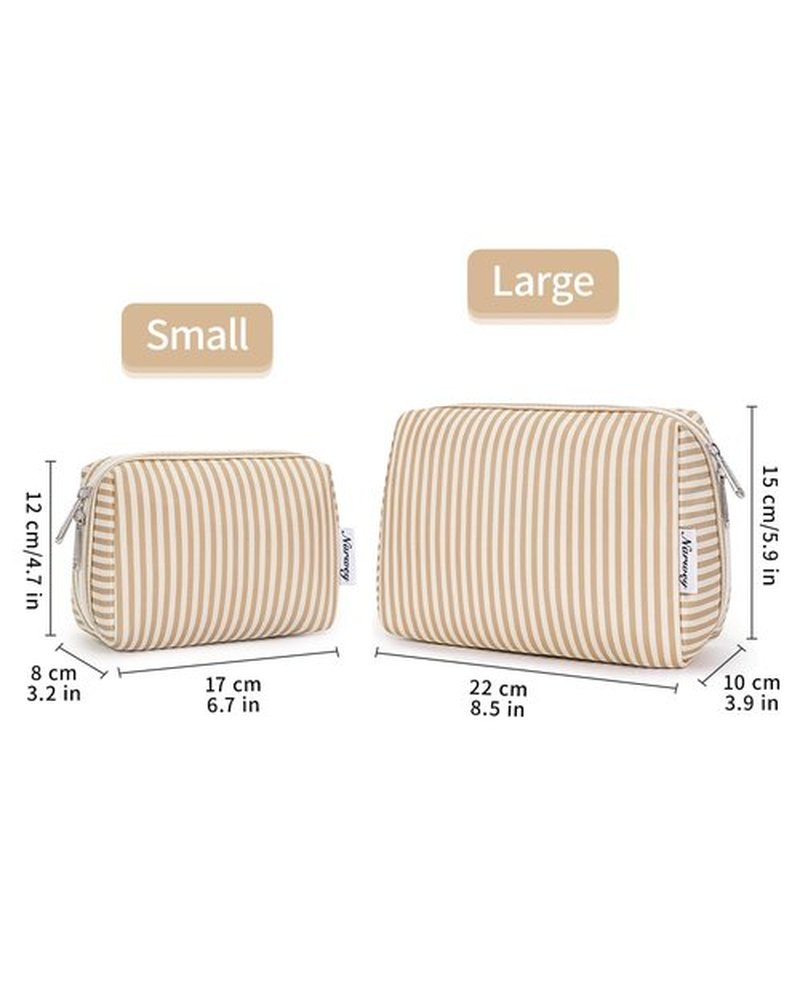 Narwey Striped Makeup Bag Travel Cosmetic Bag Organizer Toiletry Bag Make Up Bags with Compartments for Women (Large, Light Brown Stripe)