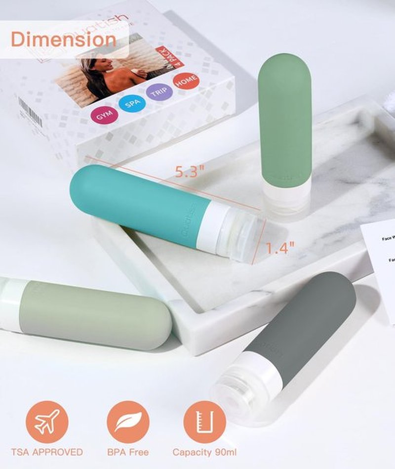 Quatish Travel Bottles for Toiletries【Original Patented】, 3 oz Tsa Approved Leak Proof Travel Size Containers, Silicone Shampoo and Conditioner Bottles, 4 Pack Travel Size Bottles, Morandi