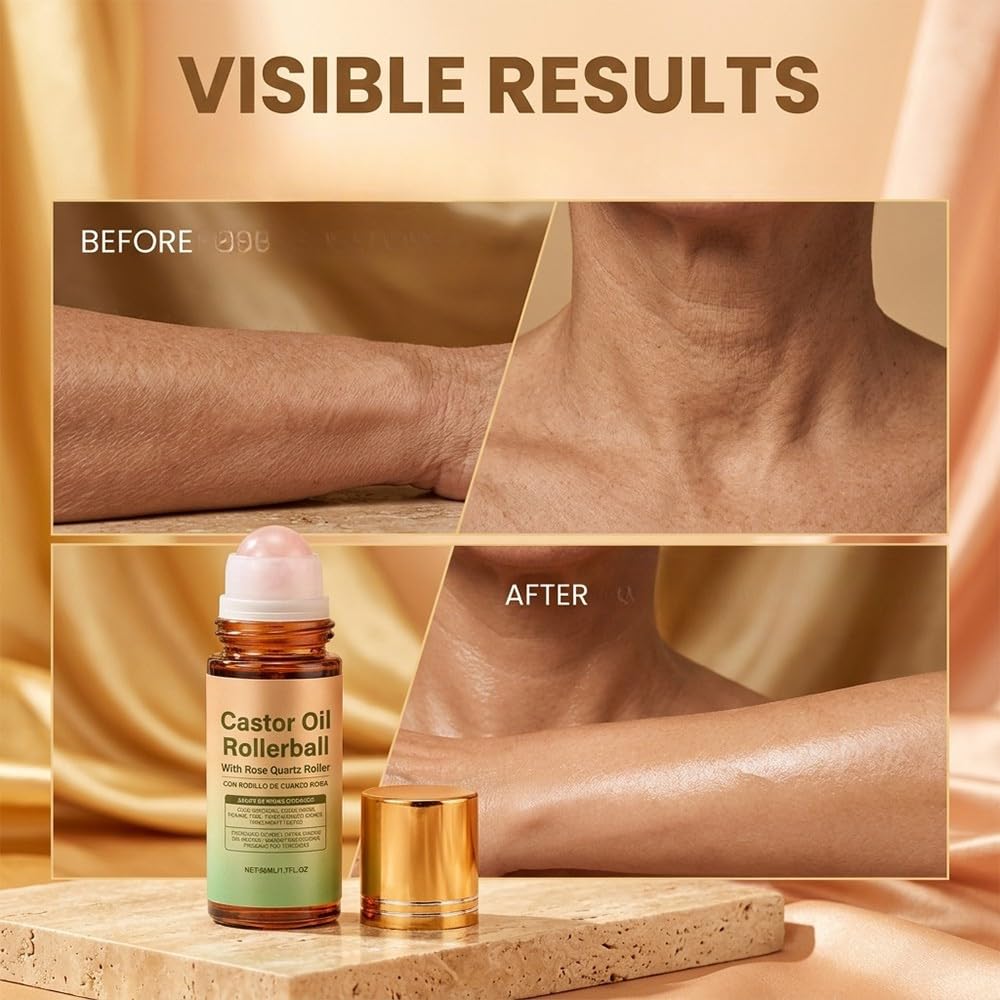 RAINPOT Organic Castor Oil Roll On with Rose Quartz Roller – 100% Cold Pressed Moisturizing Oil for Brows, Lashes, Face, Hairline & Dry Skin – Travel Friendly Leakproof Roller Bottle (2)