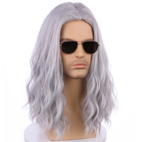 PATTNIUM Men Wig Silver Grey Long Wigs Gray Wavy Cosplay Wig Halloween Curly Hair Party Wig Heat Resistan Synthetic Wig with Wig Cap