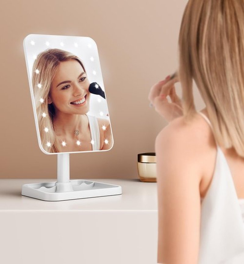 Famihomii Rechargeable Lighted Makeup Mirror for Girls, Makeup Mirror with Lights, Desk Adjustable 360° Rotation Durable Vanity Mirror with Storage, Detachable Design Table Mirror
