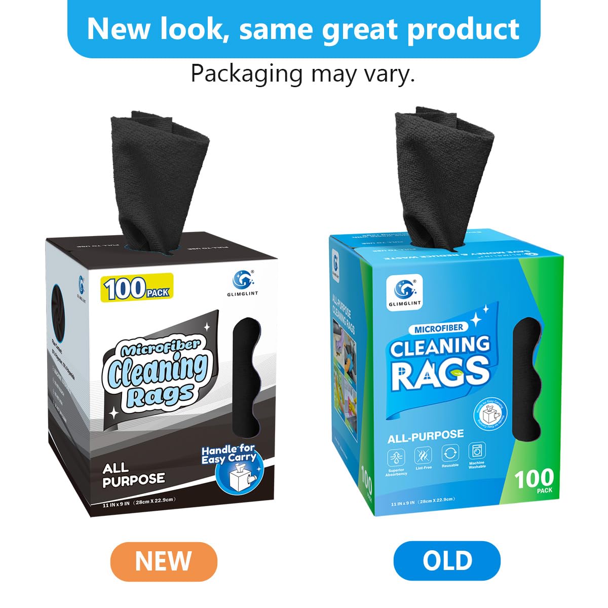 GLIMGLINT Black Microfiber Cleaning Cloth, 100 Pack Cleaning Rags, Lint-Free, Ultra Absorbent Reusable Paper Towels for Home, Kitchen, Car, Garage or Shop, Dish Rags, 11" x 9"