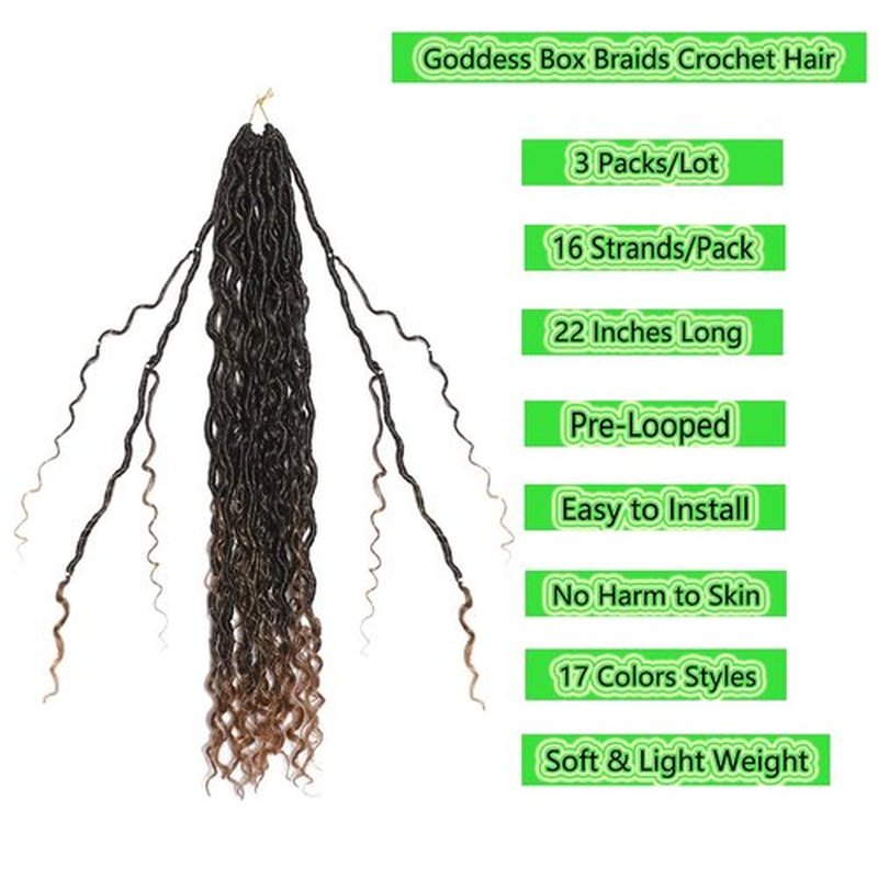 BALINGHAIR Goddess Locs Crochet Hair Black to Light Brown 22 Inch 3 Packs Bohemian Faux Locs Crochet Hair With Curly Ends Pre Looped Hair Extensions 16 Roots/Pack(1B/27)