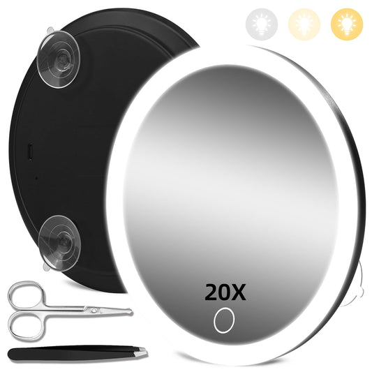 20X Magnifying Mirror with Light, 20x Magnifying Mirror with 3 Suction Cups, 3 Color Dimmable Lighted Makeup Magnifying Mirror, 6'' Travel Magnifying Mirror, 20x Magnification with Tweezers & Scissors