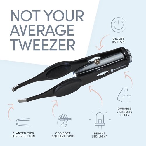 Tweezer Guru Pro Illuminating Eyebrow Tweezers for Women & Men Professional Stainless Steel Slanted Tweezers with LED Light Mirror Pouch Precision Tweezers for Brow Facial Hair Ingrown Hair Black