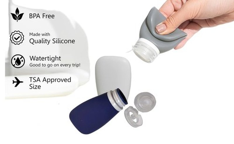 LYOB Leak Proof Silicone Soft Refillable Bottles,TSA 3oz, BPA Free, New 3-Layer Top, Travel Empty Squeeze Bottles for Toiletries, Lotions, Shampoos 3pk (Black-Gray-Blue)