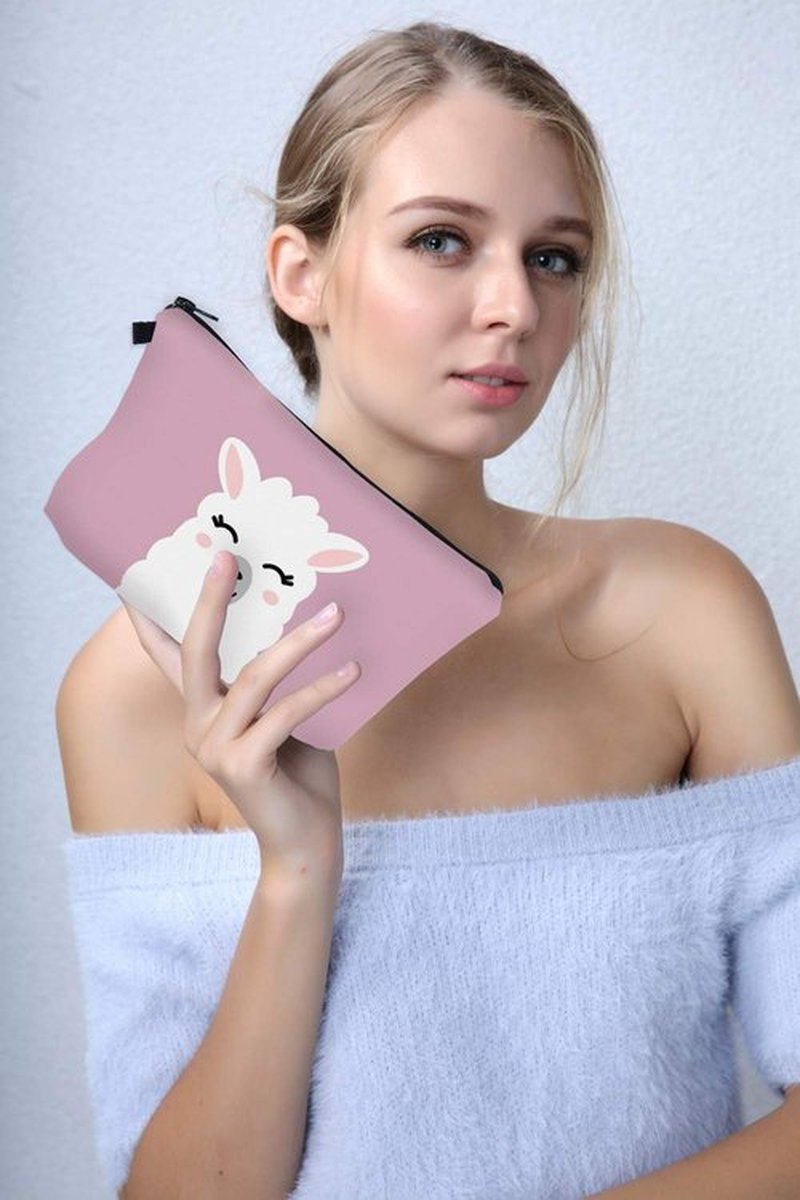 LOOMILOO Cosmetic Bag for Women, Adorable Roomy Makeup Bags Travel Water Resistant Toiletry Bag Accessories Organizer Liama Gifts (Pink Liama 51437)