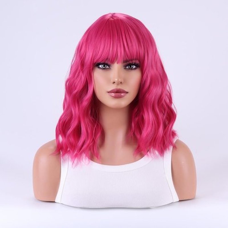 MAGQOO Hot Pink Wig Magenta Wig Women Hot Pink Bob Wig Short Curly Wavy Wig Pink Wig with Bangs Synthetic Heat Resistant