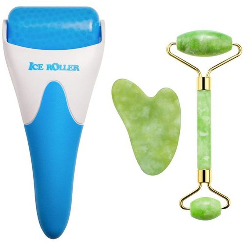 3-in-1 Natural Stone Jade Roller and Gua Sha Set for Face and Eye Ice Roller Facial Cooling Massage Roller
