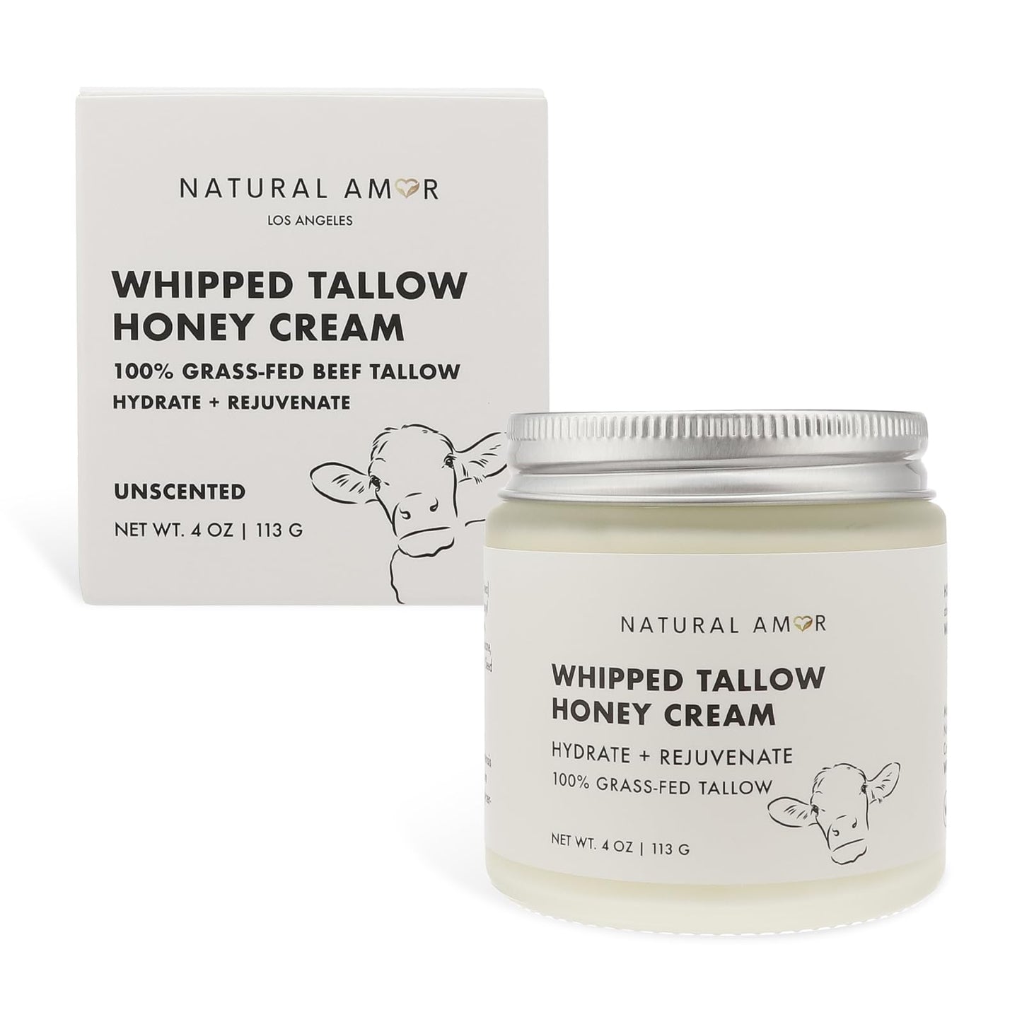 Natural Amor Whipped Grass Fed Tallow Honey Cream – 4oz Natural Moisturizer with Shea Butter, Manuka Honey & Jojoba – Lightweight Body Cream for Dry, Sensitive Skin – Nourishing & Non-Greasy