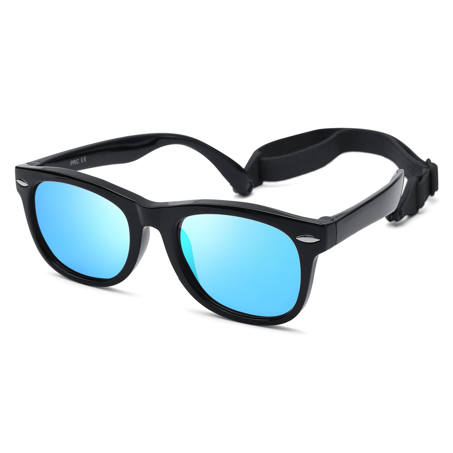 LIU·WEN Cute Polarized Baby Sunglasses - Bendable Flexible with Strap for Newborn Infant Boys Girls Age 0-24 Months(Bright Black/Blue Mirror)
