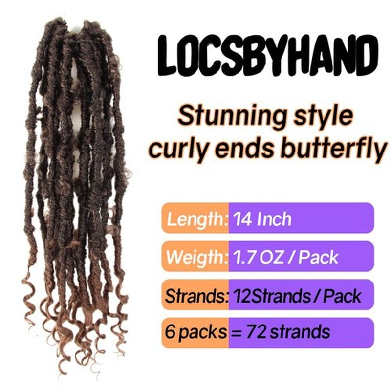 Crochet Butterfly Locs with Curly Ends 14 Inch, Boho Distressed Butterfly Locs Crochet Hair, Ombre Medium Dark Brown Bohemian Goddess Faux Butterfly Braids with Curly Ends (6 Packs, T30)