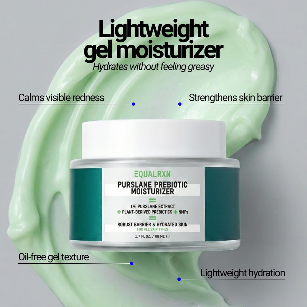 EqualRXN Purslane Prebiotic Gel Moisturizer for Face, Lightweight Oil-Free Face Moisturizer with Ceramides & NMF for Daily Hydration for Oily, Combination, Acne-Prone & Sensitive Skin