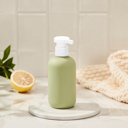 Qeuly Squeeze Bottles with Pump Dispenser and Flip Cap, 8.8 oz Refillable Travel Containers for Toiletries, Plastic Travel Shampoo and Conditioner Bottles (Green 260)