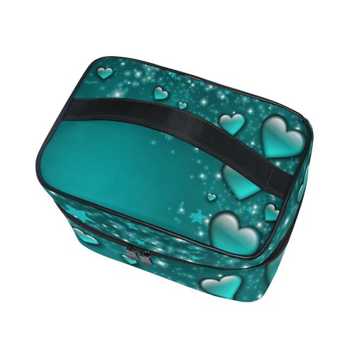 Valentine's Day Cosmetic Bag Valentines Day Turquoise Hearts Travel Makeup Organizer Bag Portable Train Case for Women Girls