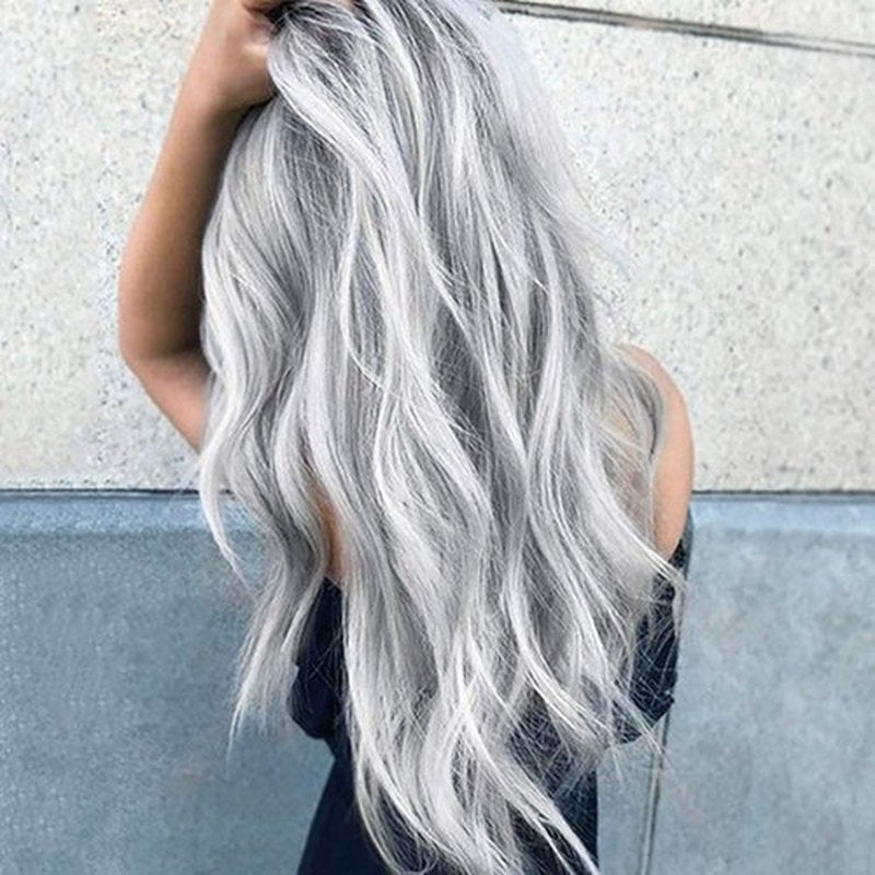 ponyttda Long Sliver Wavy Wigs for Women Middle Part Gray Wig 26 inch Natural Curly Synthetic Wig Heat Resistant Fiber Wigs for Daily Party Use, Halloween Wig
