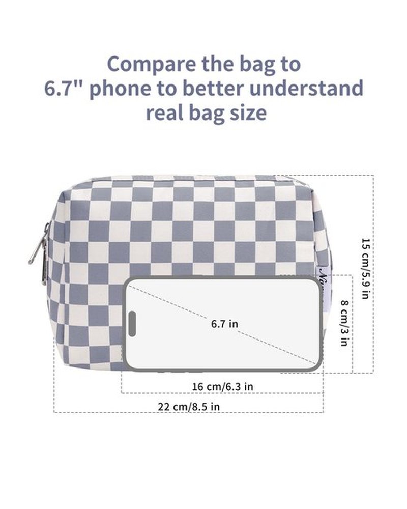 Narwey Large Checkered Makeup Bag Zipper Pouch Travel Cosmetic Bag Organizer for Women (Large, Grayish Blue Checkerboard)