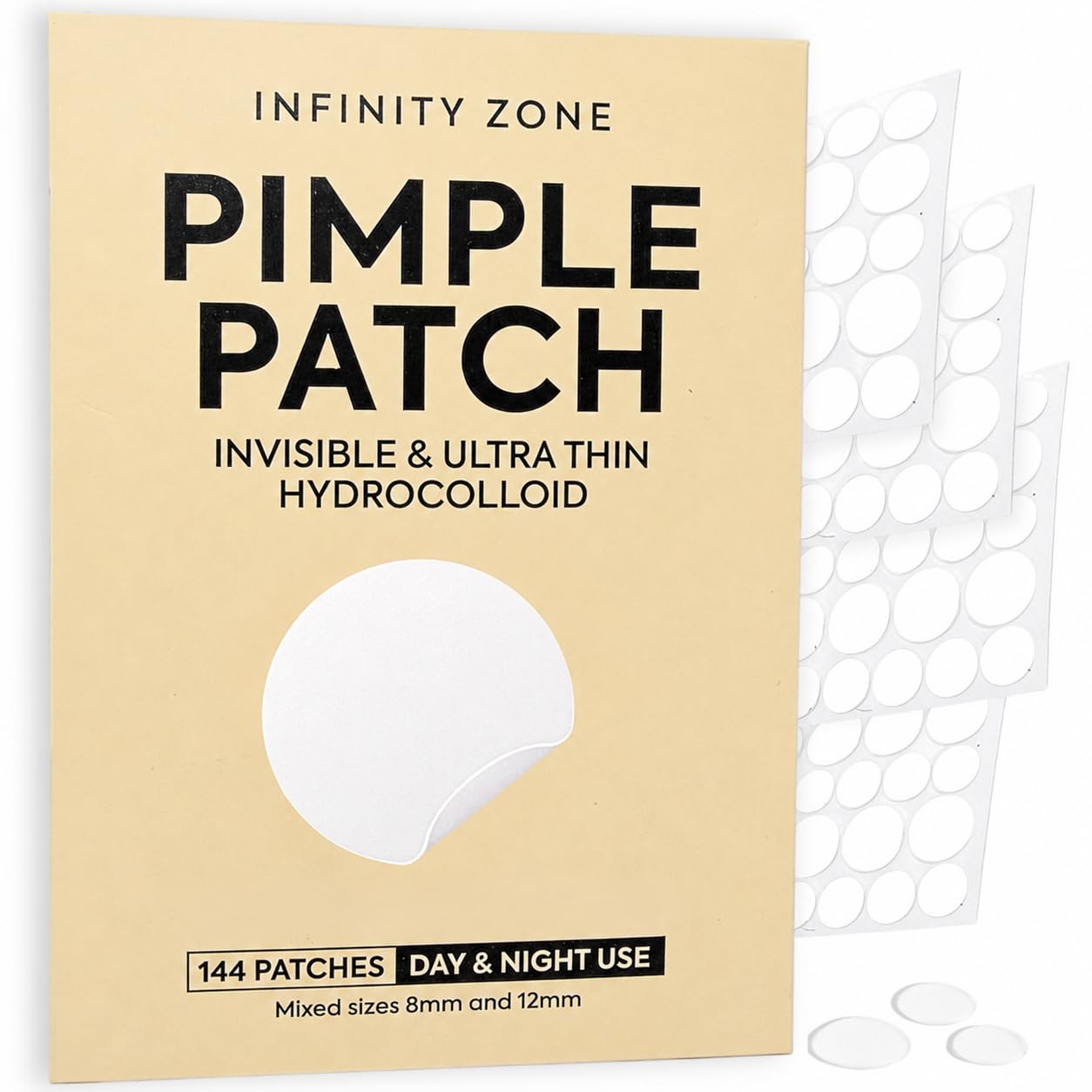 INFINITY ZONE Hydrocolloid Pimple Patches (144 Count, 8mm & 12mm) – Nearly Invisible, Ultra Thin Spot Cover, Day & Night Use.