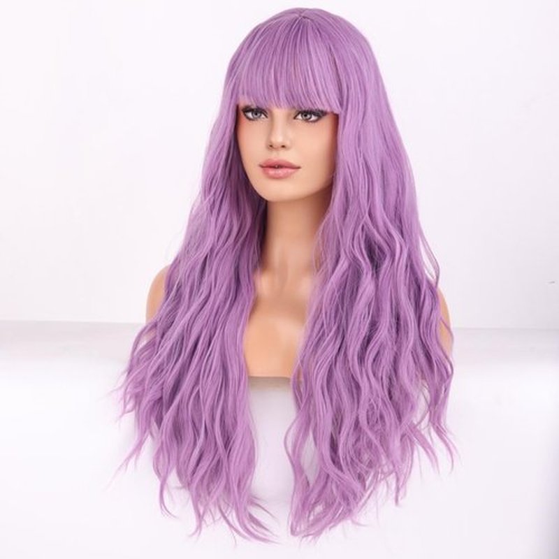 MAGQOO Purple Wig for Women Long Curly Wavy Lavender Wig with Bangs Synthetic Heat Resistant Fiber Halloween Cosplay Costume Daily Party Use