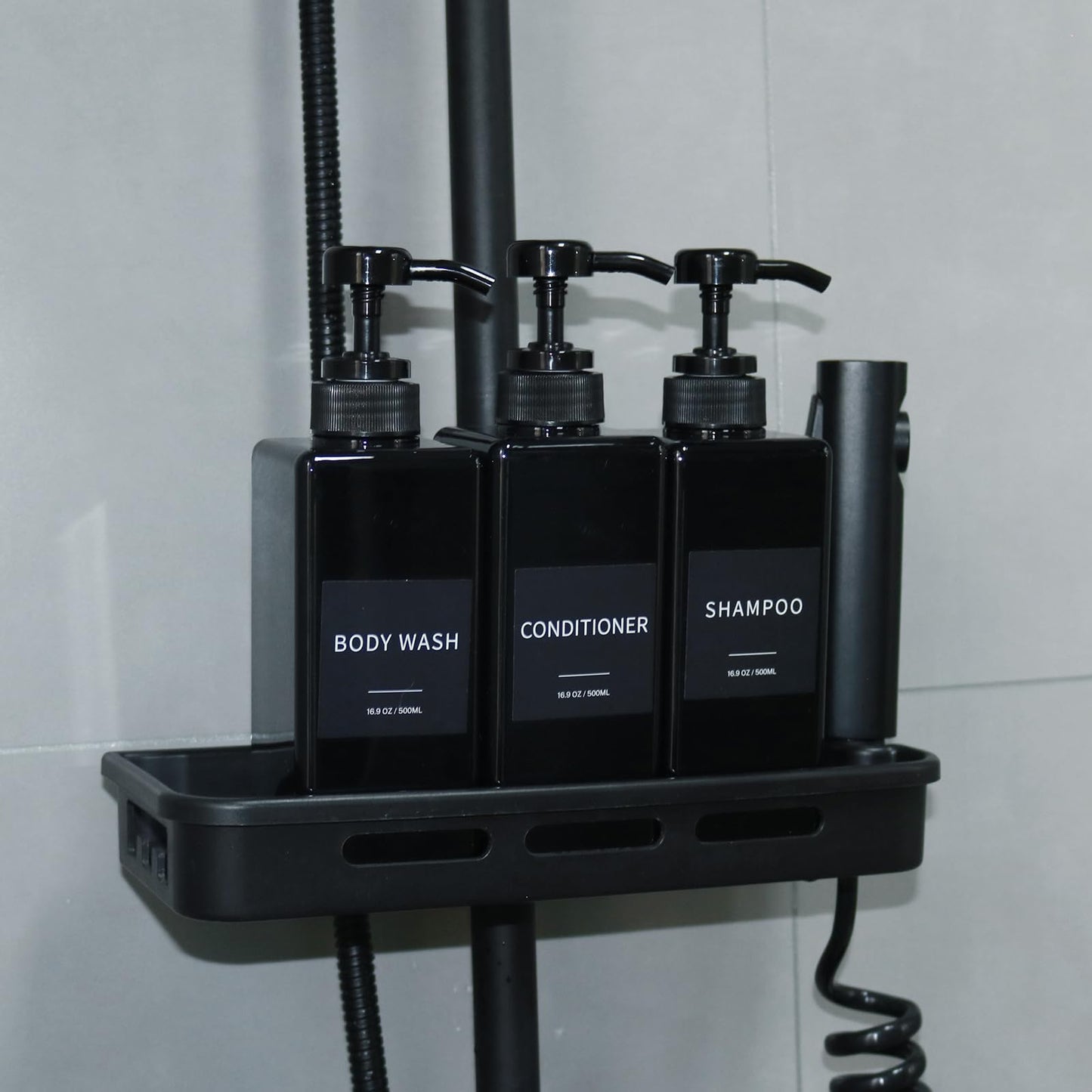Shampoo and Conditioner Dispenser, Refillable Plastic Shampoo Pump Bottles with Waterproof Labels, Empty Body Wash Dispenser Set for Bathroom, Shower Soap Bottles (Black, Set of 3, 16.9oz)