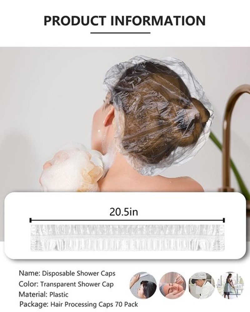 YIZIJIZI Disposable Shower Caps,Large Thick Clear Waterproof Shower Cap for Women, Large Size 20.5", Home Use, Spa, Hotel and Hair Salon, Clear Shower Caps for Travel (70)