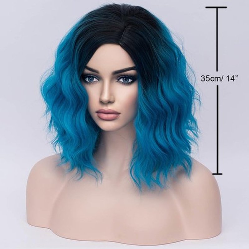 BERON Blue Ombre Wig for Women Girls Black Ombre Blue Short Curly Bob Wavy Wig Dark Roots Blue Color Heat Resistant Synthetic Body Cosplay or Daily Use Wigs