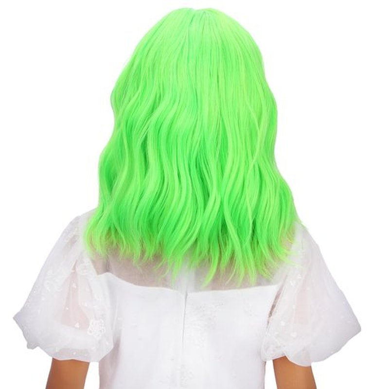 Ufindcos Green Wig for Kids Short Wavy Curly Wig Lime Green for Girls Side Part Bob Wig Synthetic Hair Wig with Wig Cap