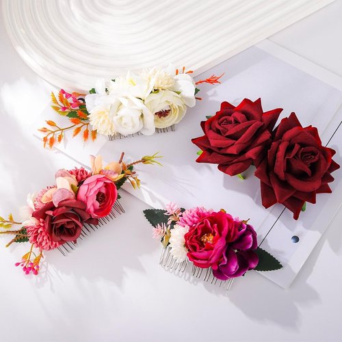 Foyte Flower Bride Wedding Hair Comb White Rose Headpieces Bridal Side Combs Purple Floral Bridesmaid Hair Accessories for Women (Purple)