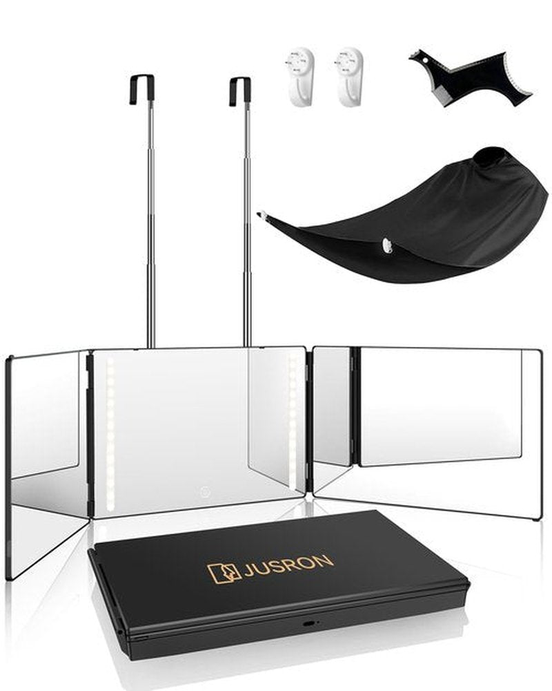 JUSRON 360 Viewing Angle Self Hair Cutting Mirror, Clear Anti-Fog HD Glass (Black with LED with Accessories)