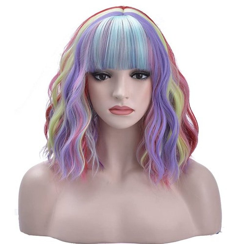 BERON 14 Inches Rainbow Wig Short Curly Wig with Bangs Synthetic Wigs Women Girls Colorful Wigs with Wig Cap