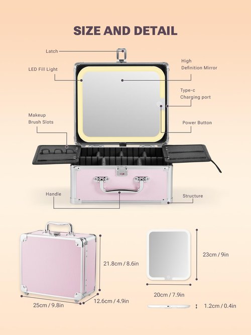 Qislee Makeup Box with A Detachable Lighted Mirror, Waterproof Travel Train Case, Cosmetic Organizer and Makeup Suitcase with Adjustable Dividers, Magnetic LED Mirror(Icy Pink, Diamond Textures)