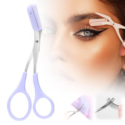 Eyebrow Trimming Scissors, Eyebrow Scissors with Comb, Non-Slip Eyebrow Trimming Razor, Hair Removal Eyebrow Scissors Makeup Tool, Precision Eyebrow Trimming Scissors Gifts for Men Women (A-Purple)