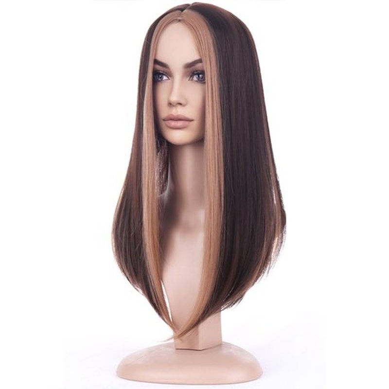 BERON Black and Blonde Long Wig for Women Straight Girls Brown Highlights Blonde Costume Hair Wigs Middle Part Heat Resistant Synthetic for Cosplay Party or Daily Use Wig