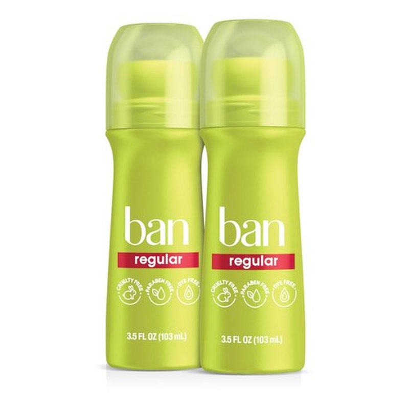 Ban Regular Scent 24-hour Invisible Antiperspirant, Roll-on Deodorant for Women and Men, Underarm Wetness Protection, with Odor-fighting Ingredients, 3.5 oz, 2-pack