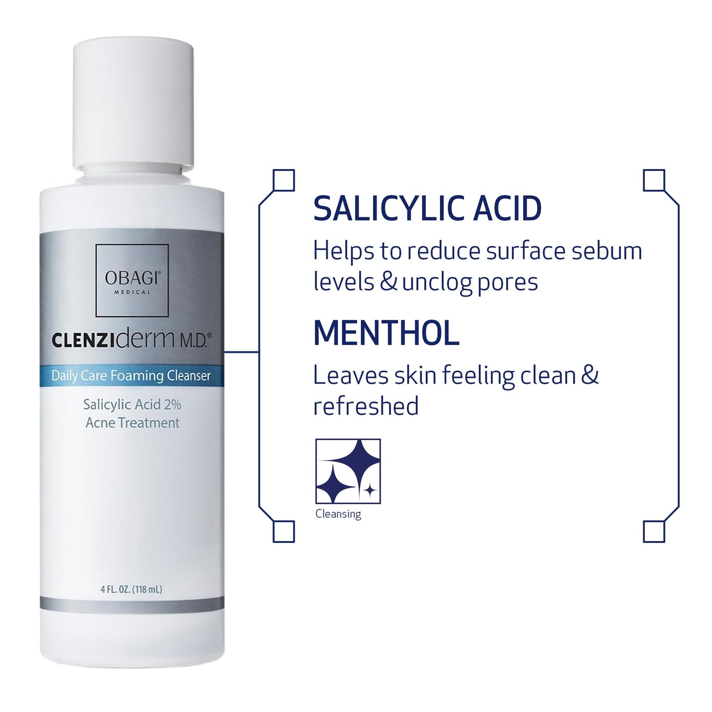 Obagi Medical CLENZIderm M.D. Daily Care Foaming Cleanser with 2% Salicylic Acid and Menthol, Acne Treatment Facial Cleanser for Oily Skin, 4 Fl Oz Pack of 2