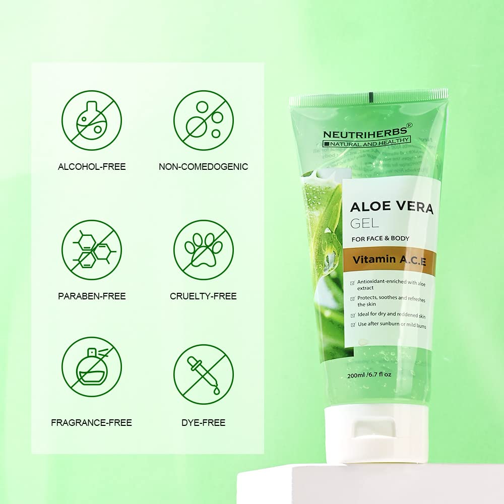 Neutriherbs Aloe Vera Gel Pure Aloe Vera Juice with Vitamin A, C, E for Sunburns Acne Dry Skin and Itch Soothing and Moisturing 6.7 Fl Oz