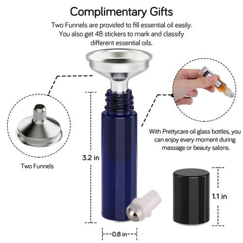 PrettyCare Roller Bottles For Oils 10 ml (Blue Glass, 6 Pack, 1 Extra Stainless Steel Balls, 12 Labels, 1 Opener, 1 Funnels Essential Oil Roller Bottles, Roller on Bottles