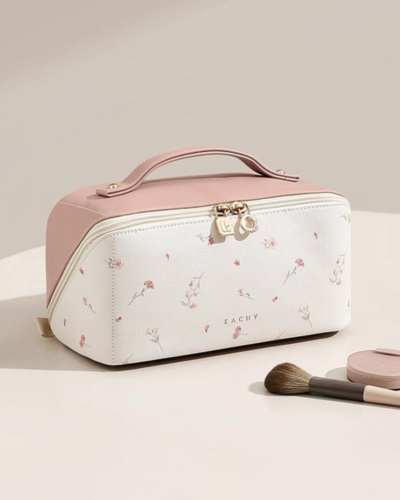 EACHY Travel Makeup Bag,Large Capacity Cosmetic Bags for Women,Waterproof Portable Pouch Open Flat Toiletry Bag Pattern Makeup Bag (X-Pink)