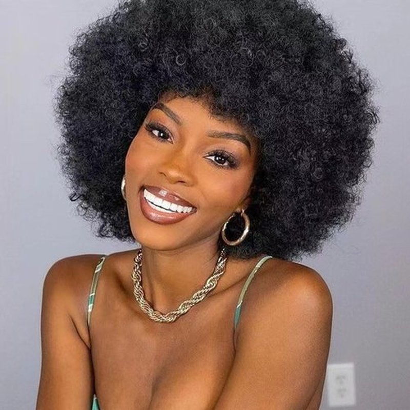 Afro Wig 70S Curly Afro Wigs For Black Women Short Afro Kinky Curly Wig With Bangs For Women Disco Wig Puffy Bouncy Synthetic Wigs For Daily Party Halloween Costume Use (Black)