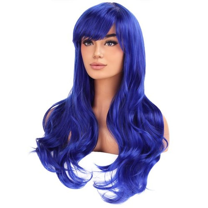 BERON Blue Wigs Long Curly Wavy Women Wigs with Bangs Dark Color Wave Heat Resistant Synthetic Wigs for Cosplay Daily Wigs Wig Cap Included
