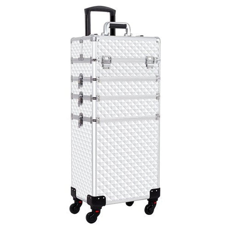 AROUS Rolling Makeup Train Case Large Storage Cosmetic Trolley 4 in 1 Large Capacity Trolley Makeup Travel Case with Key Swivel Wheels Salon Barber Case Traveling Cart Trunk, Silver