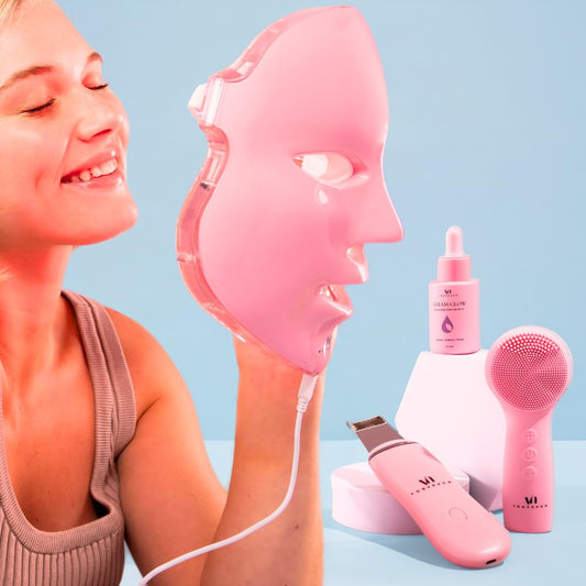 LED Face Mask Light Therapy Spa Kit - 4 Pcs with Ultrasonic Scrubber, Sonic Brush & Green Tea Serum | 7 Color Options (Light Pink)