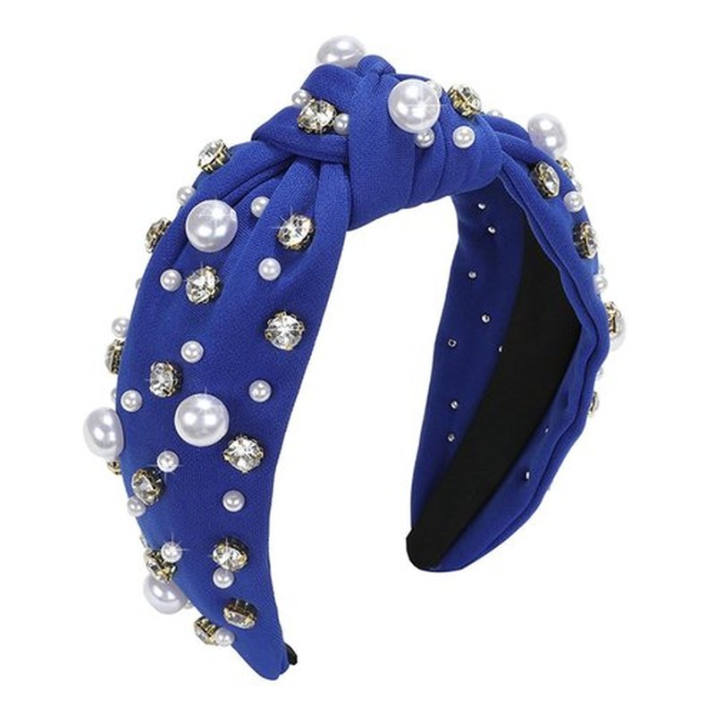 Mdscve Royal Blue Head Bands for Women's Hair Knotted Headband With Pearl Rhinestone Hair Bands for Women's Hair Non Slip Wide Top Girls Headbands Crystal Beaded Headwear Accessories