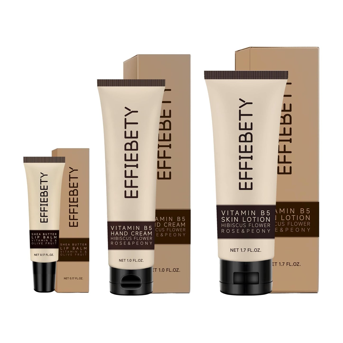 EFFIEBETY 3-in-1 Skin Care Gift Set: Ultra Hydrating Body Lotion, Nourishing Hand Cream & Restoring Lip Balm, with Shea Butter, Coconut Oil & Aloe Vera, For All Skin Types, Daily Moisturizer Combo