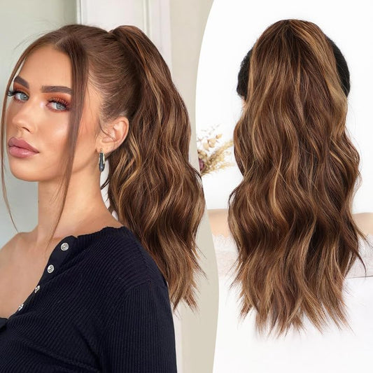 ALXNAN Ponytail Extension,16 Inch Claw Ponytail Hair Extensions for Women，Claw Clip in Long Wavy Synthetic Deep Brown with Dirty Blonde Ponytail Extension for Daily Use.