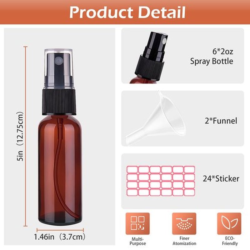 Zoizocp Spray Bottles, 2.7oz/80ml Amber Empty Fine Mist Plastic Mini Travel Bottle Set, Small Refillable Liquid Containers with 2pcs Funnels and 24pcs Labels (6 Pack)