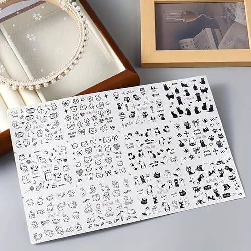 Cute Nail Art Stickers Black White Cat Water Transfer Nail Stickers Cat Paw Cute Animals Water Transfer Nail Decals 3D Self Adhesive Nail Art Supplies Heart Designs Nail Decals 12PCS